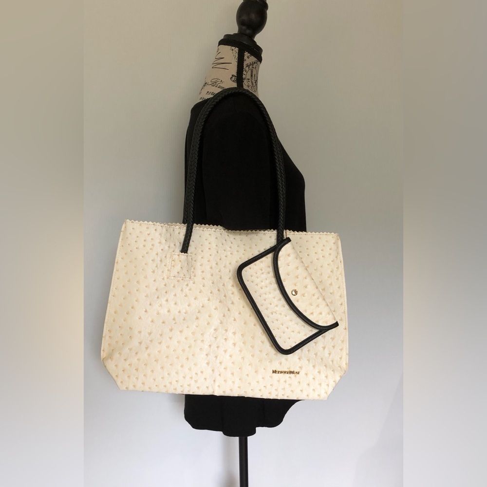 MontanaWest Faux Ostrich Purse / Tote Bag and Wallet Beige with Black Trim